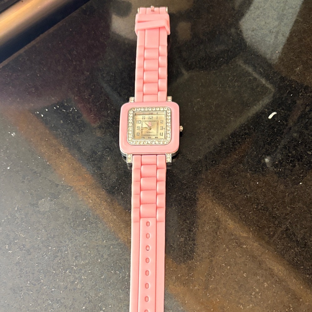 Breast Cancer Square Face Watch with Rhinestones in Pink - Picture 1 of 3